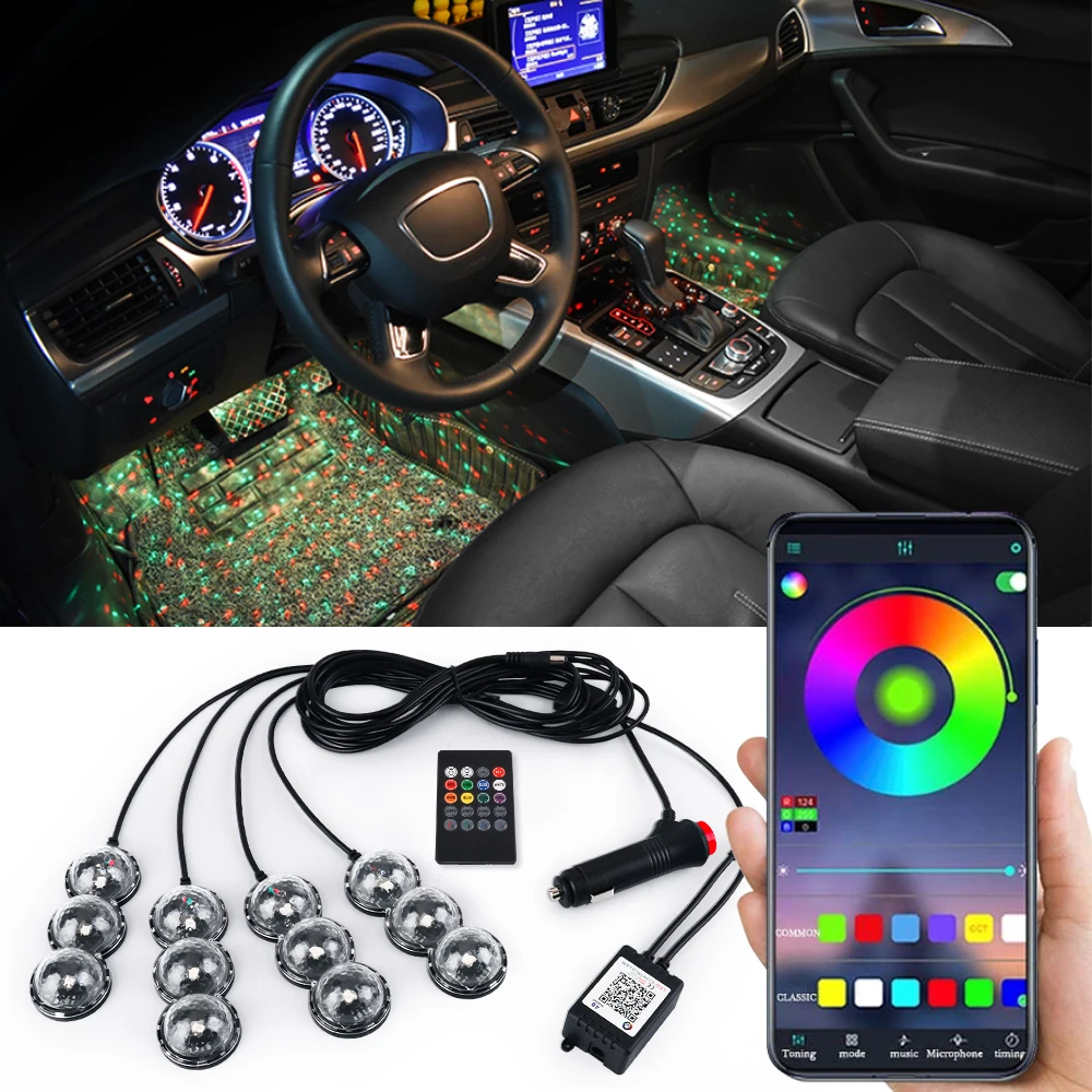 4pcs LED Starry Galaxy Foot Light Car Interior Ambient Strip Cigarette Atmosphere Decorative Lamp RGB Music Rhythm Voice Control