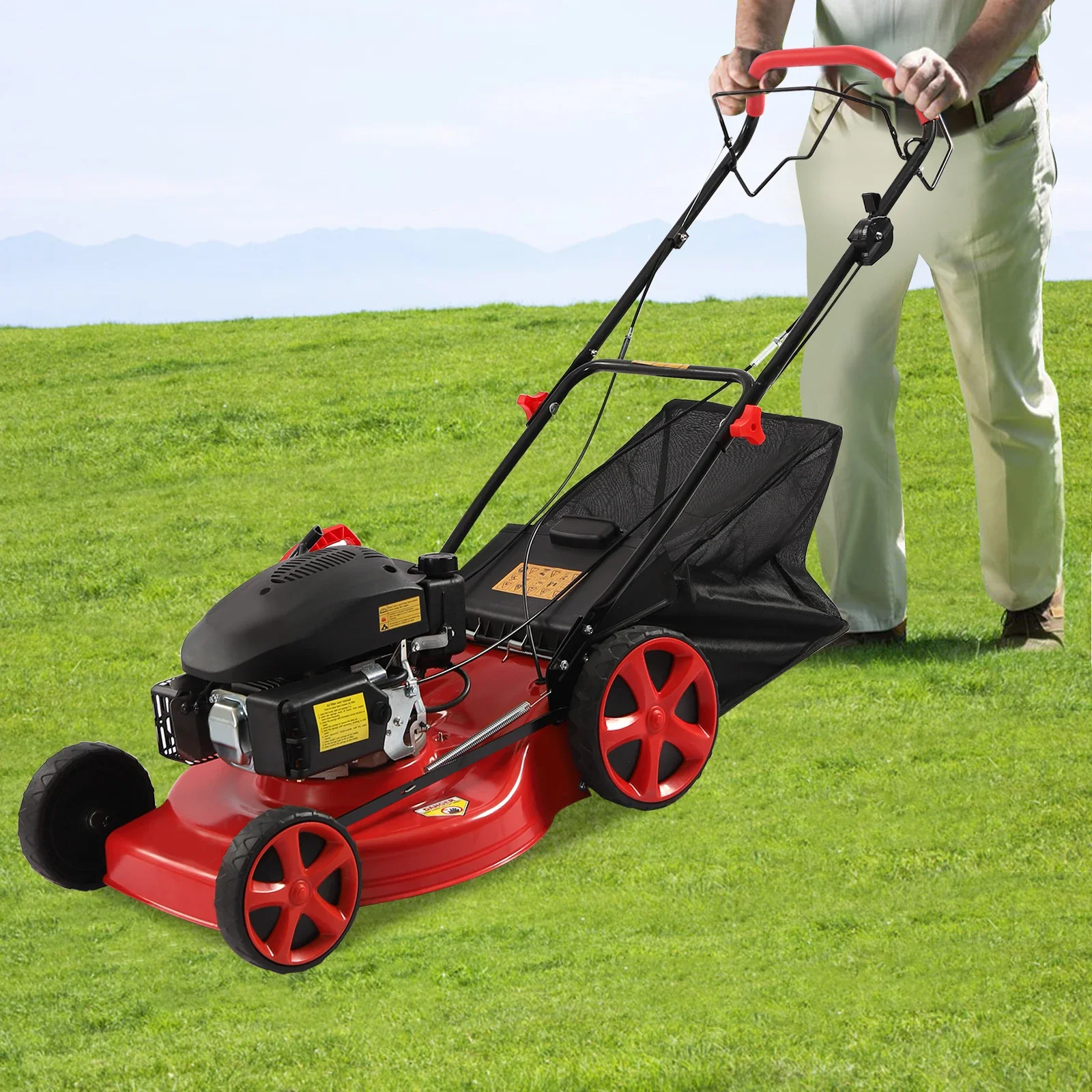 20Inch Self Propelled Gas Powered Lawn Mower 140CC 4-Stroke 3-in-1 Lawn Mower with Grass Bag, 8 Gears Height Adjustable
