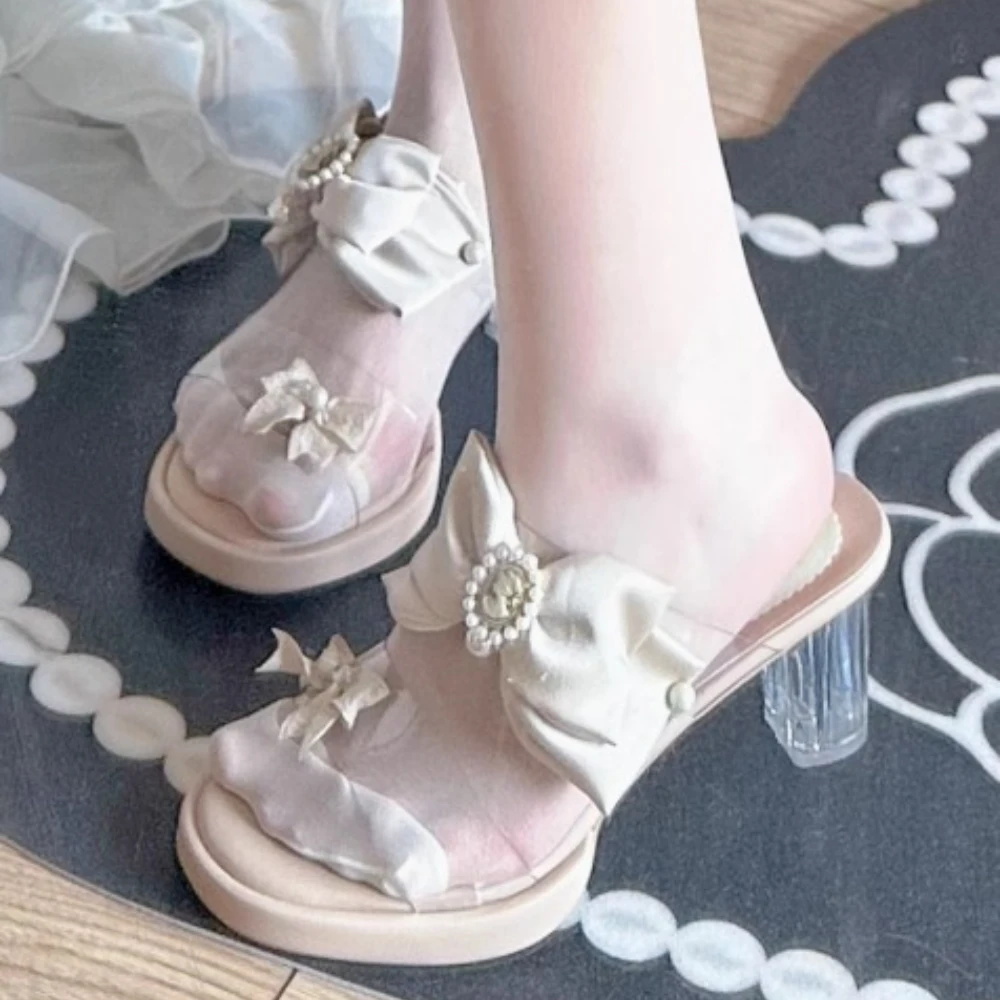 

Original High Heels Girls Feather Slippers Women's Summer Crystal Shoes Thick Heel Sexy Sandals Banquet Premium Elegant Shoes