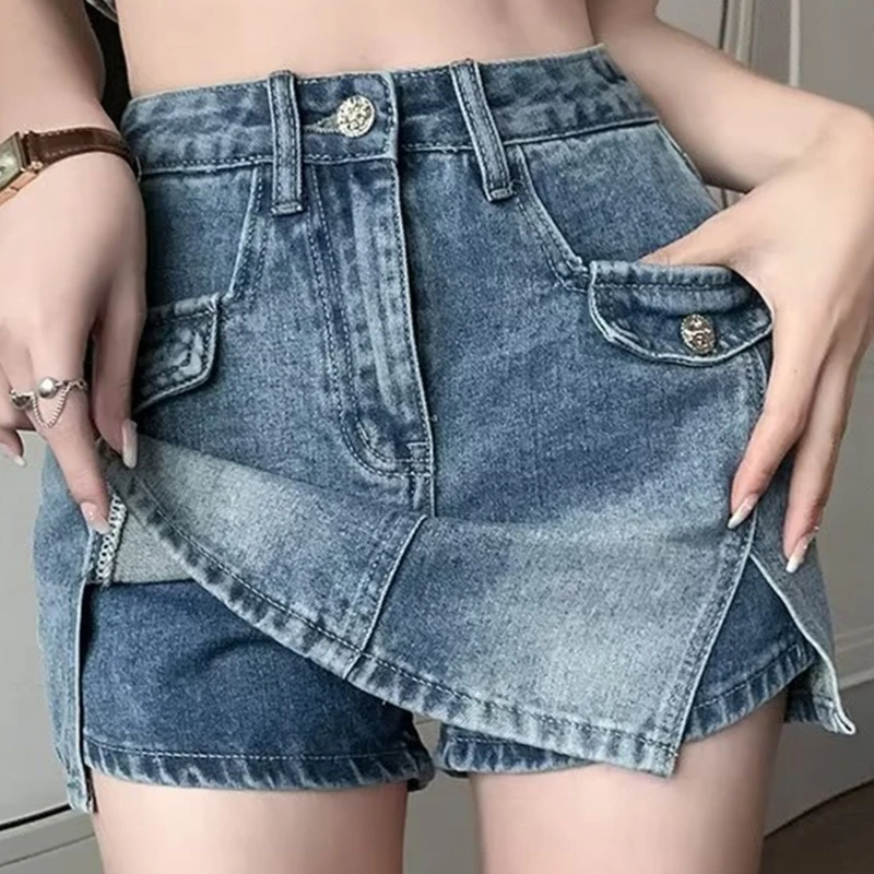 F42F Skorts Váy Quần Jean Nữ Mini Khe Bên Hông Cao Cấp Quần Short Jean Co Giãn Quần Short Thời Trang Và Gợi Cảm