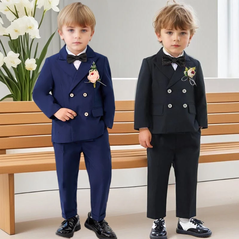 

Page Boys Wedding Suits Black Formal Fashion Double Breasted Toddler Birthday Party Blazer Set Child Piano Performance Outfits