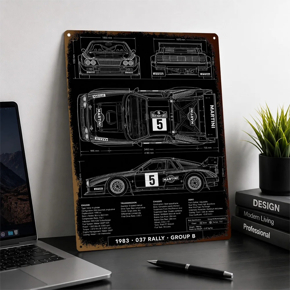 Italy 037 Rally Group B 1983 Technical Blueprint Aluminum Poster Customized Metal Tin Sign Workshop Style Wall Art For A Study