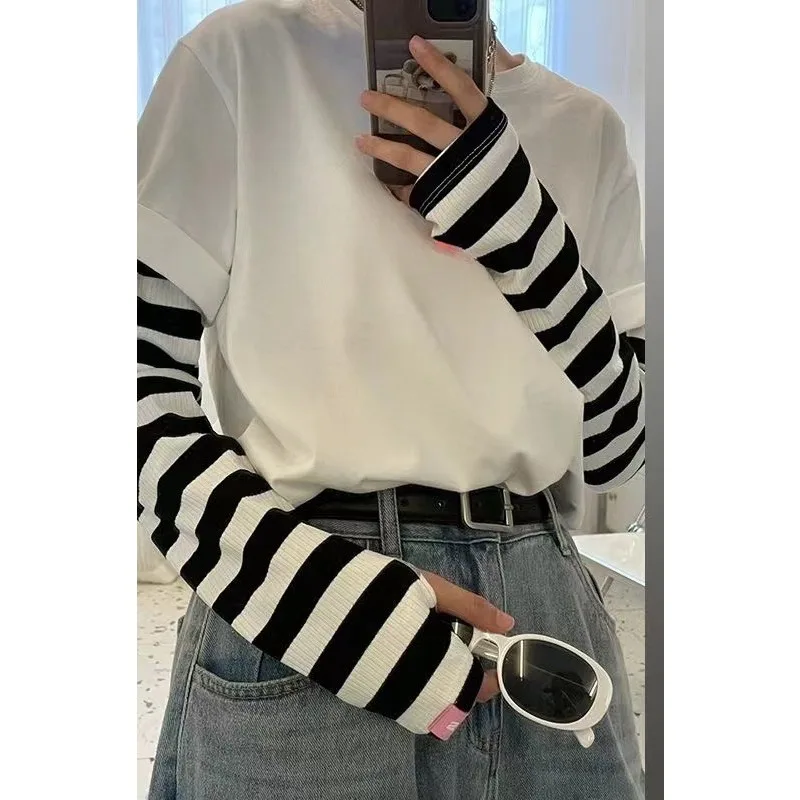 حماية من أشعة الشمس في الصيف في الهواء الطلق، حماية من الأشعة فوق البنفسجية من الحرير الجليدي، واقي ذراع مخطط فضفاض مع أصابع مرفقة