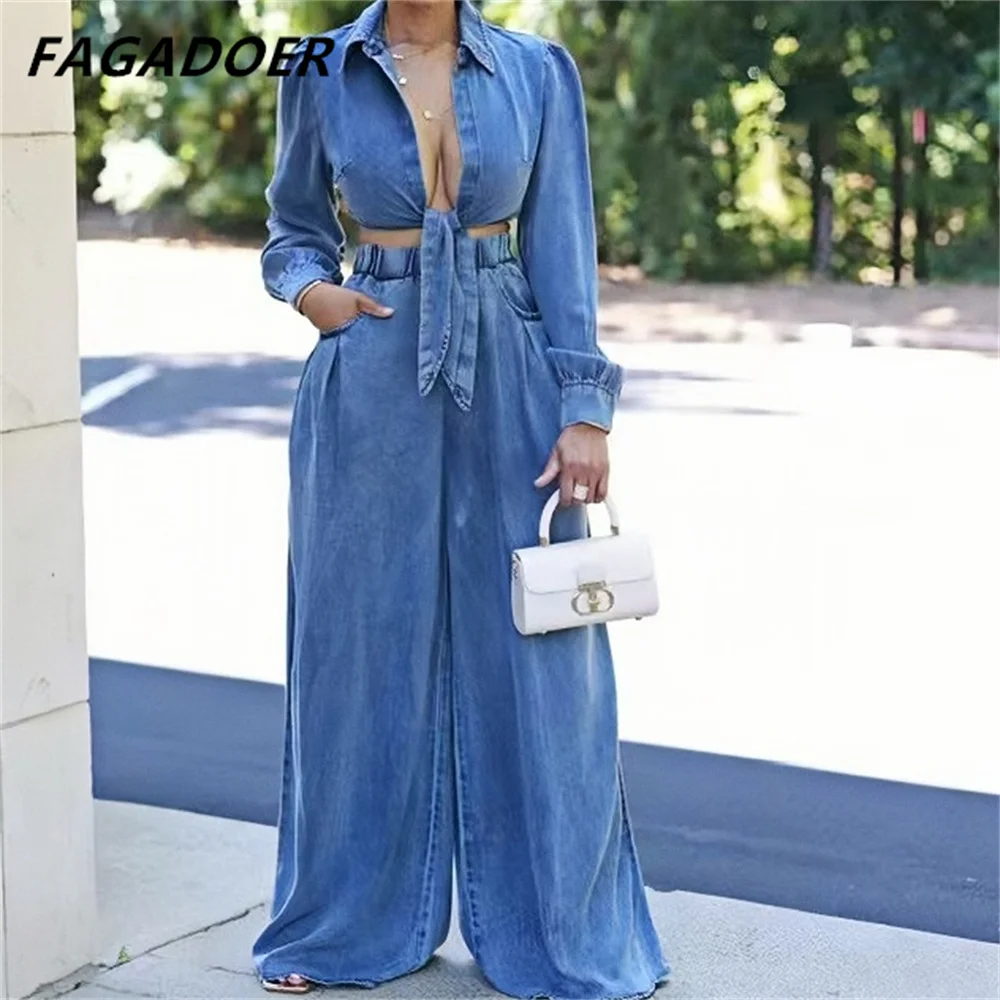 

FAGADOER Fashion Bandage Wide Leg Jean Pants 2 Piece Sets Women Outfit Turndown Collar Crop Top and High Waist Denim Pants Suits