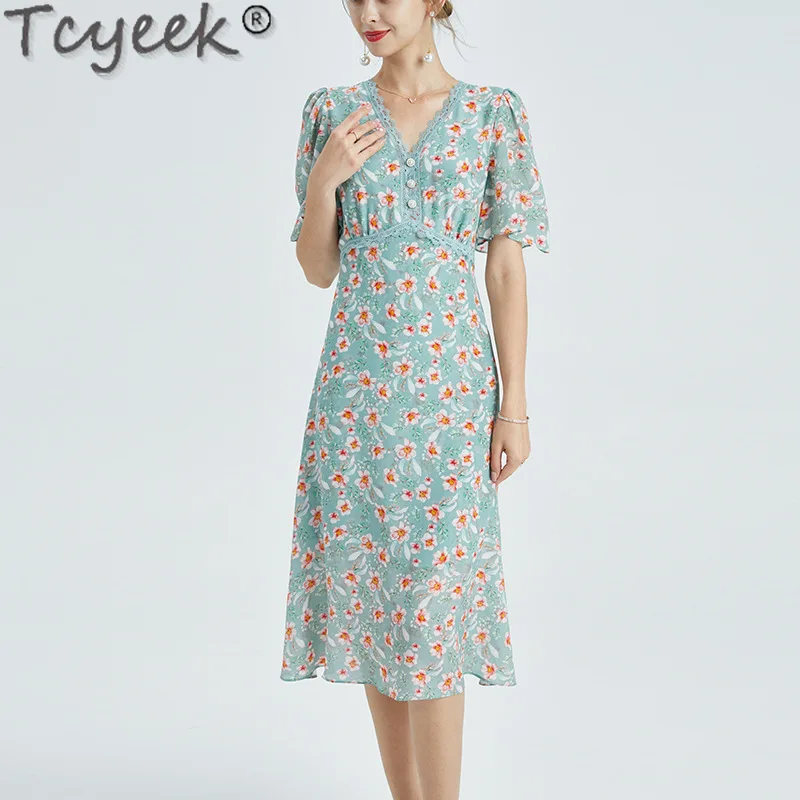 

Tcyeek 100% Mulberry Silk Dress Women 2024 Summer Clothes High-end Long Dress Elegant and Pretty Women's Dress Green Vestidos