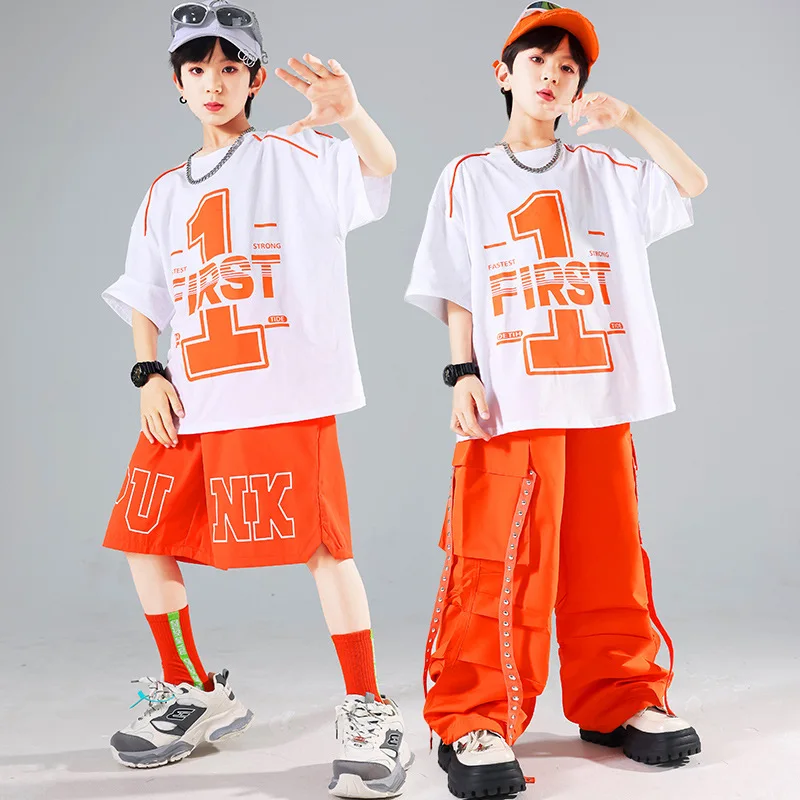 ชุดเสื้อผ้าฮิปฮอปสำหรับเด็ก เสื้อกั๊กสีพื้น เสื้อยืด กางเกงขาสั้น กางเกงคาร์โก้ ชุดเต้นสตรีทแดนซ์สำหรับเด็กผู้ชาย ชุดเต้นแจ๊สและโมเดิร์นแดนซ์สำหรับเด็กผู้หญิง