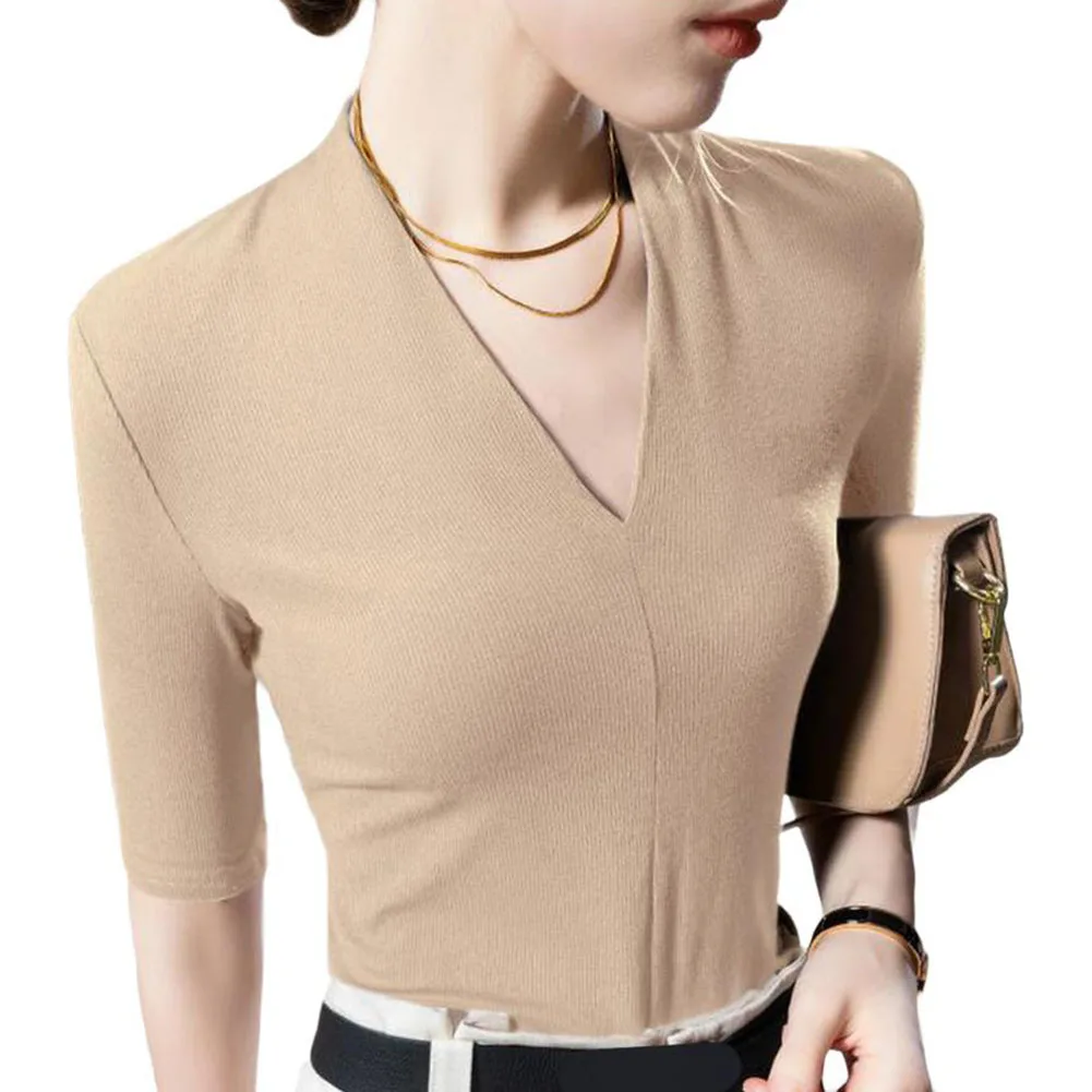 Camiseta feminina casual com decote em v 95 poliéster 5 elastano manga média cor sólida cabida silhueta confortável pulôver feminino topo