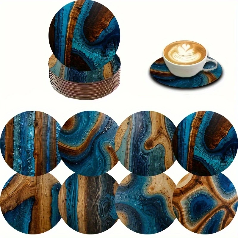2D Retro Blue Resin Patterned Coaster Wooden Heat Resistant Beverage Car Coaster Coffee Tea Perfect Party Decor Coffee Shop