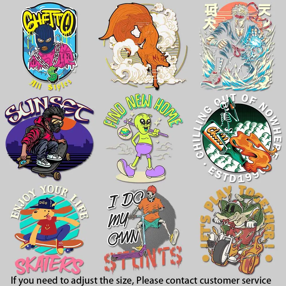 Fantasy Alien Illustration Cool Skateboarder Character Vibrant Street Culture Art heat transfer patches for clothes DIY Craft
