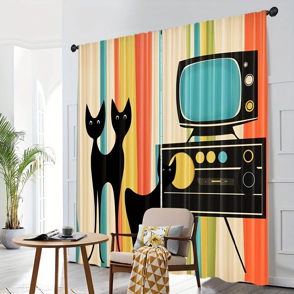 Retro Cat TV Curtain, Vintage Atomic Age Window Drape, Mid Century Modern Blackout Panel, Living Room Home Decor