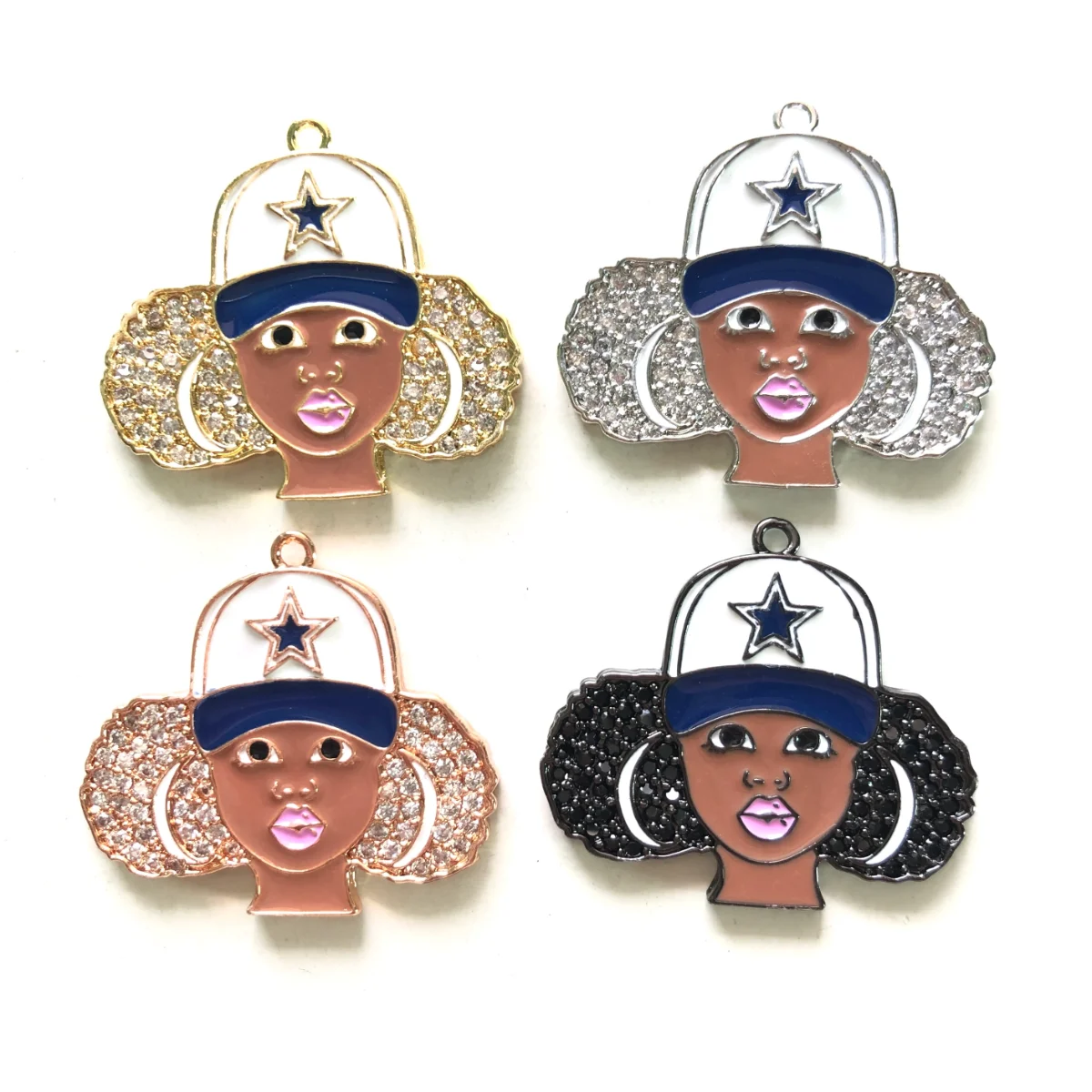 5pcs Enamel Micro Pave Black Girl Charms for Women Bracelet Necklace Making Bling Afro Girl Sports Pendant Jewelry Supply