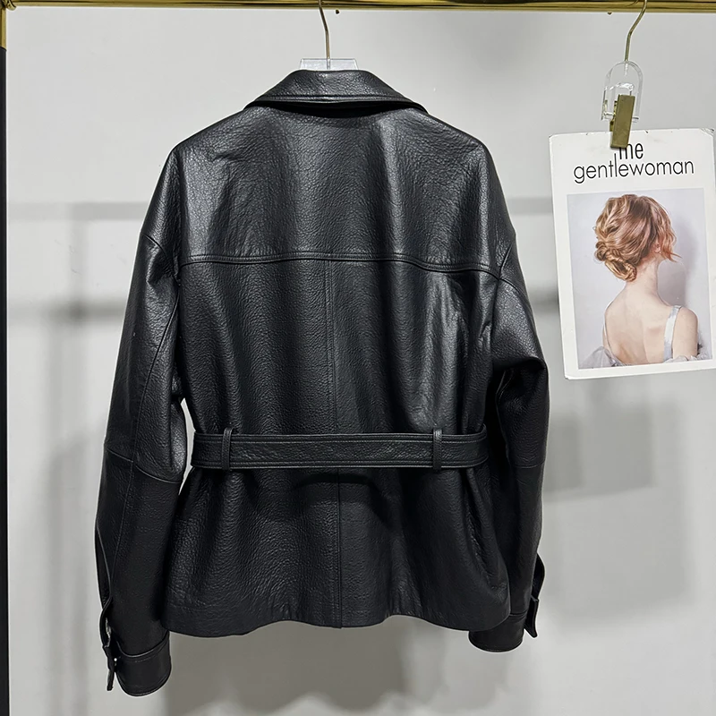 新しい本物のシープスキンジャケット秋冬女性輸入羊バブルレザーコーヒーラペルベルトウエスト閉鎖スリムショートコート