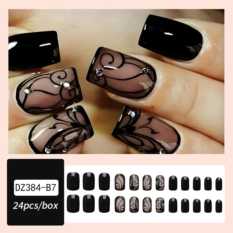 24Pcs Fashion French Style False Nails With Jelly Nail Glue Simple Removable Wearable Nature Artificial Press On Nail Tip Supply