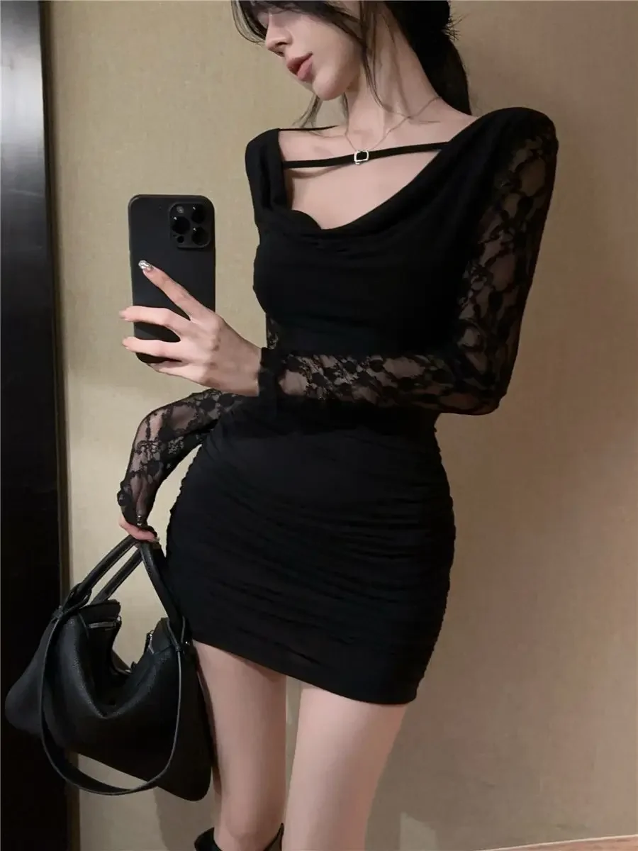 Seksowna sukienka Hotsweet koronkowy patchwork kołnierzyk z kołnierzykiem Off ramię Mini sukienki damskie czarne Bodycon Vestidos Femme