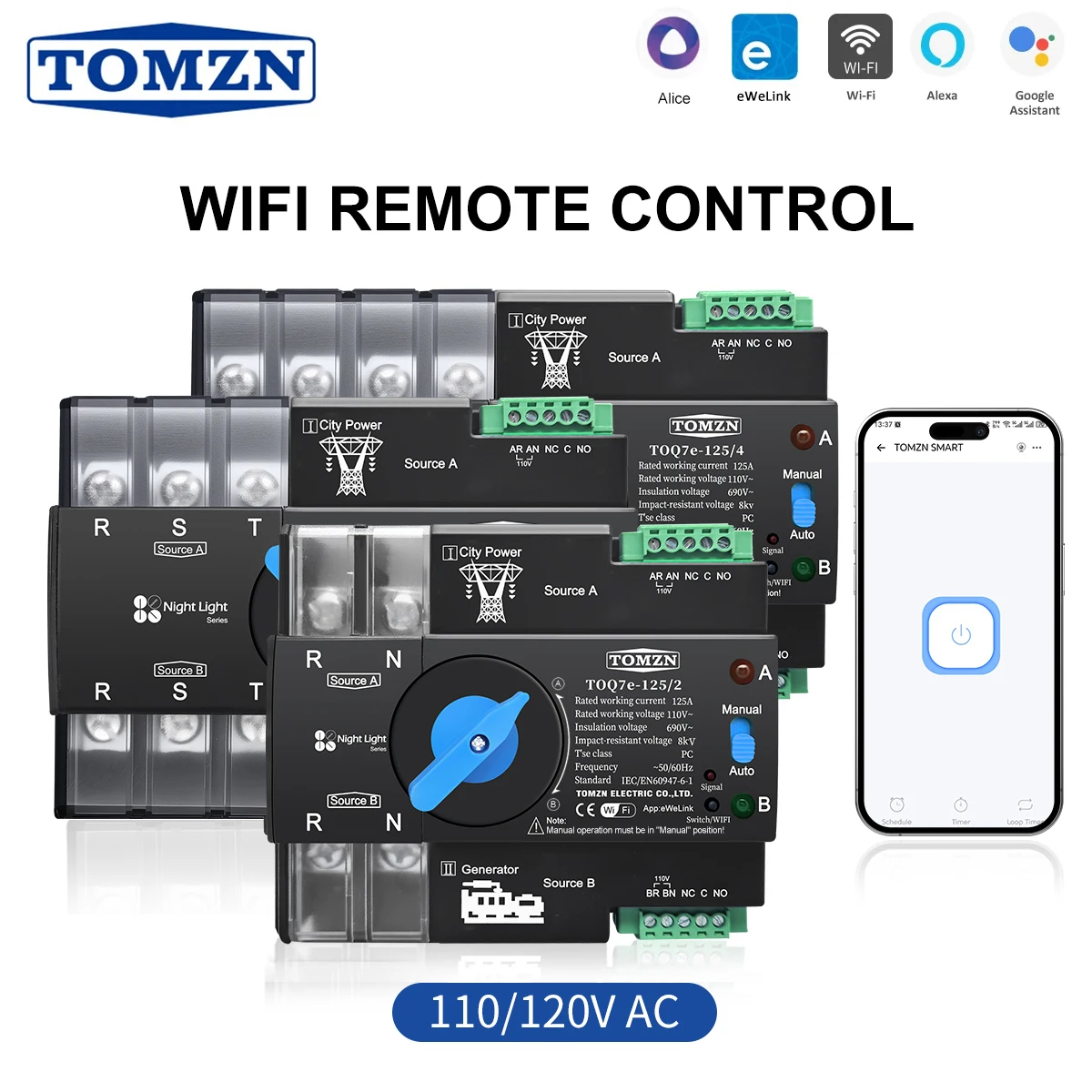 TOMZN 110V 120V Three Phase WIFI Smart ATS Dual Power Automatic Transfer Selector Switch Uninterrupted 2P 3P 4P EWeLink Din Rail