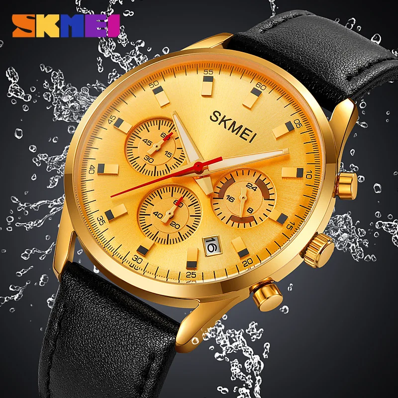SkmeiMen 초박형 방수 쿼츠 시계, 달력 스톱워치, 타이밍 남성용 벨트 시계, 패션