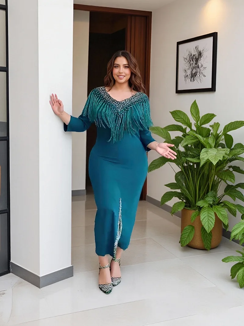 

African Dresses for Women African Women 3/4 Sleeve Polyester Knee-length Dress Tassels Bodycon Evening Wedding African Clothes