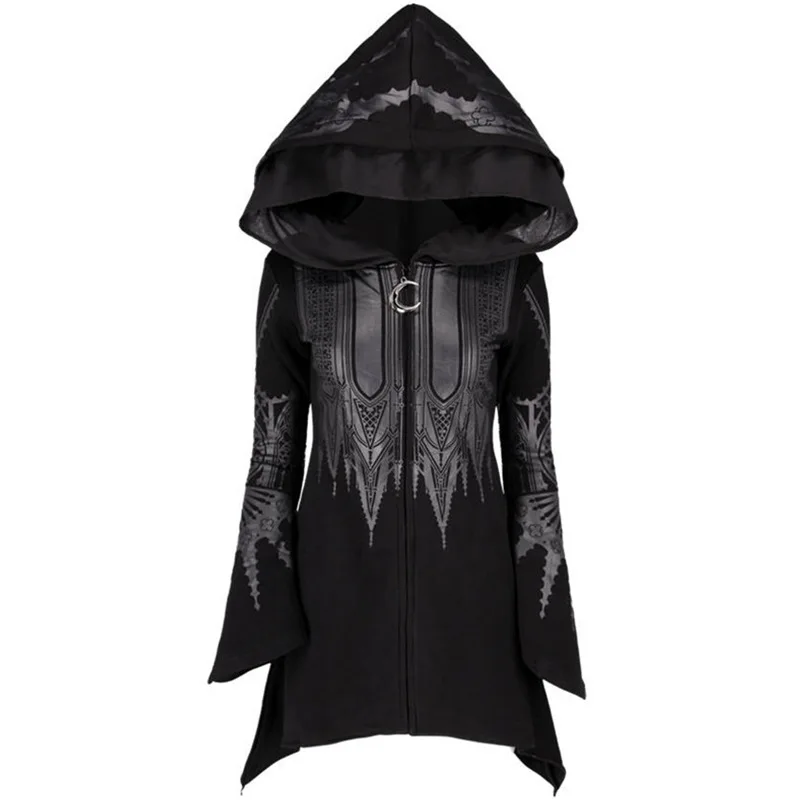 Street Goth Punk Style Black Long Hooded Top Harajuku Retro Dark Grunge Y2K Print Sweatshirts 2022 New Autumn Winter Ladies Tops