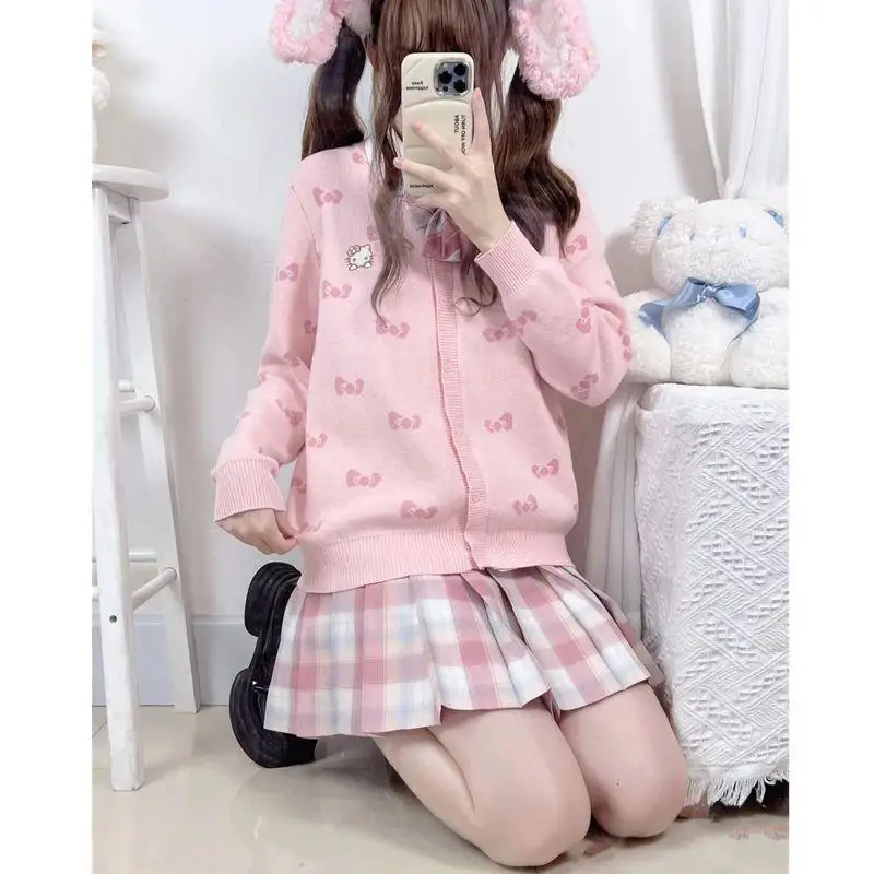 

Sanrio Hello Kitty Cardigan Sweater Korean Version Sweet Bow Female Students Sweater Kawaii Soft Girl Style Knit Sweater Jacket