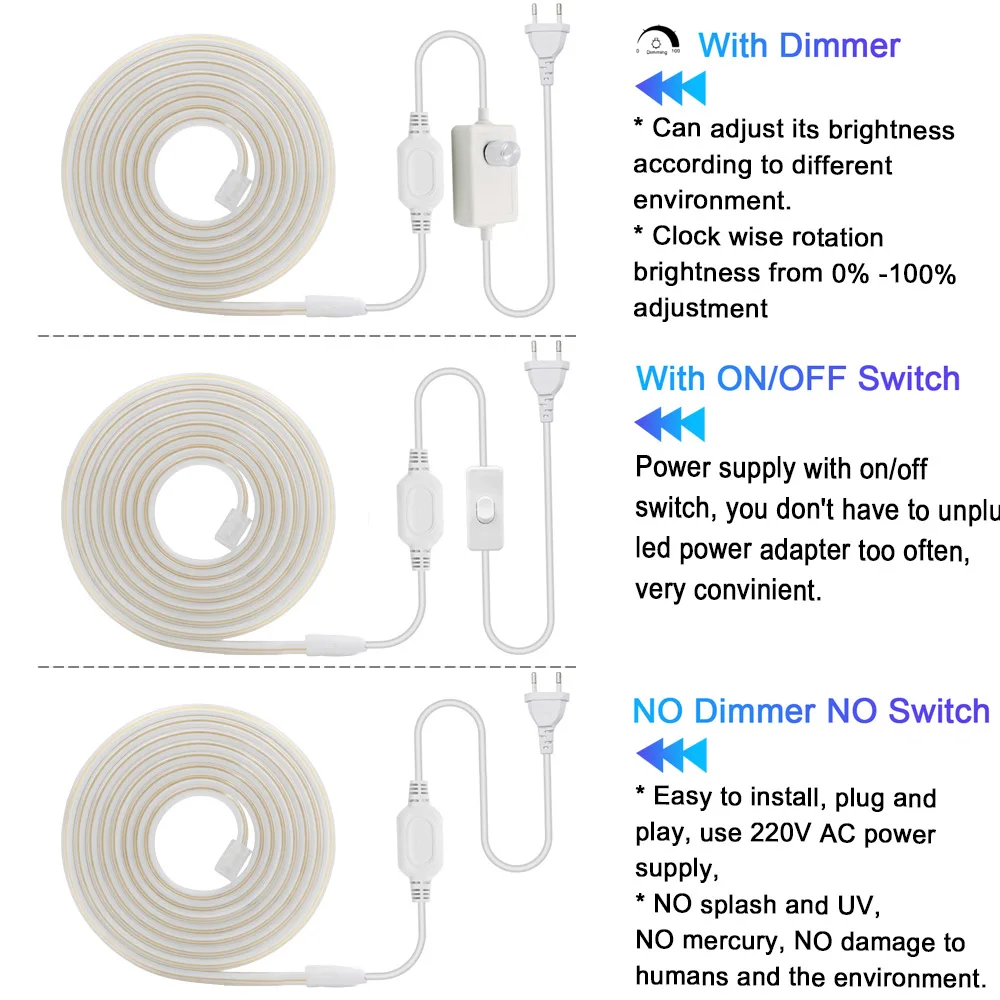 220V COB LED Neon Strip Light with Dimmer Switch Power Kit 288LED High Density Linear Lighting Waterproof Flexible Silicone Lamp