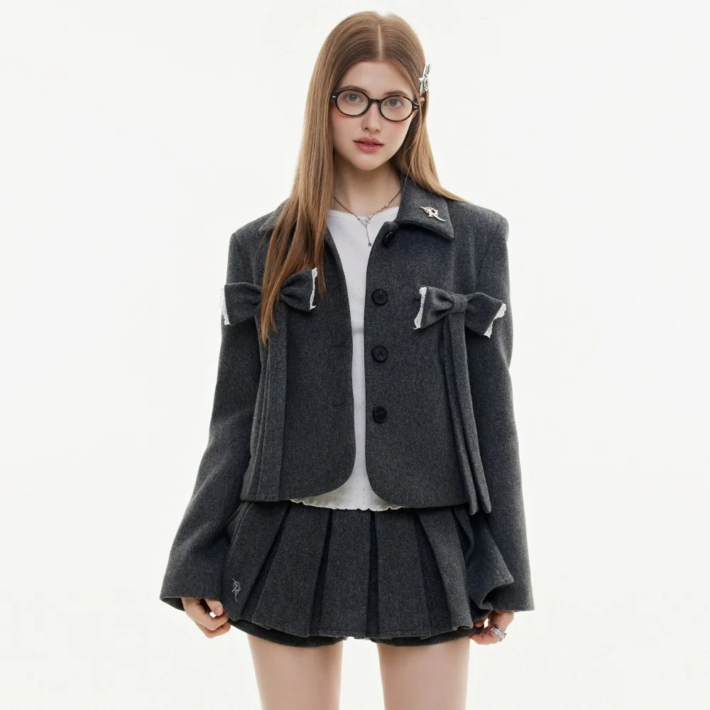 Women's Suit with A Skirt Fashion Lapel Elegant Women's Sets Bowknot Gray Long Sleeve Jacket Short Skirt Women's Clothing Set