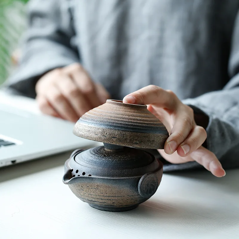 

Handmade vintage Japanese rustic earthenware, a set including one teapot and one cup, wood-fired gaiwan, outdoor travel tea set