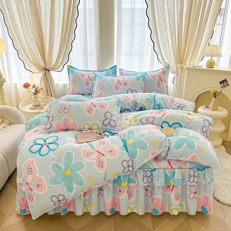 Colorful Life Bed Skirt 4-Piece Set with Duvet Cover and Pillowcases for Bedroom