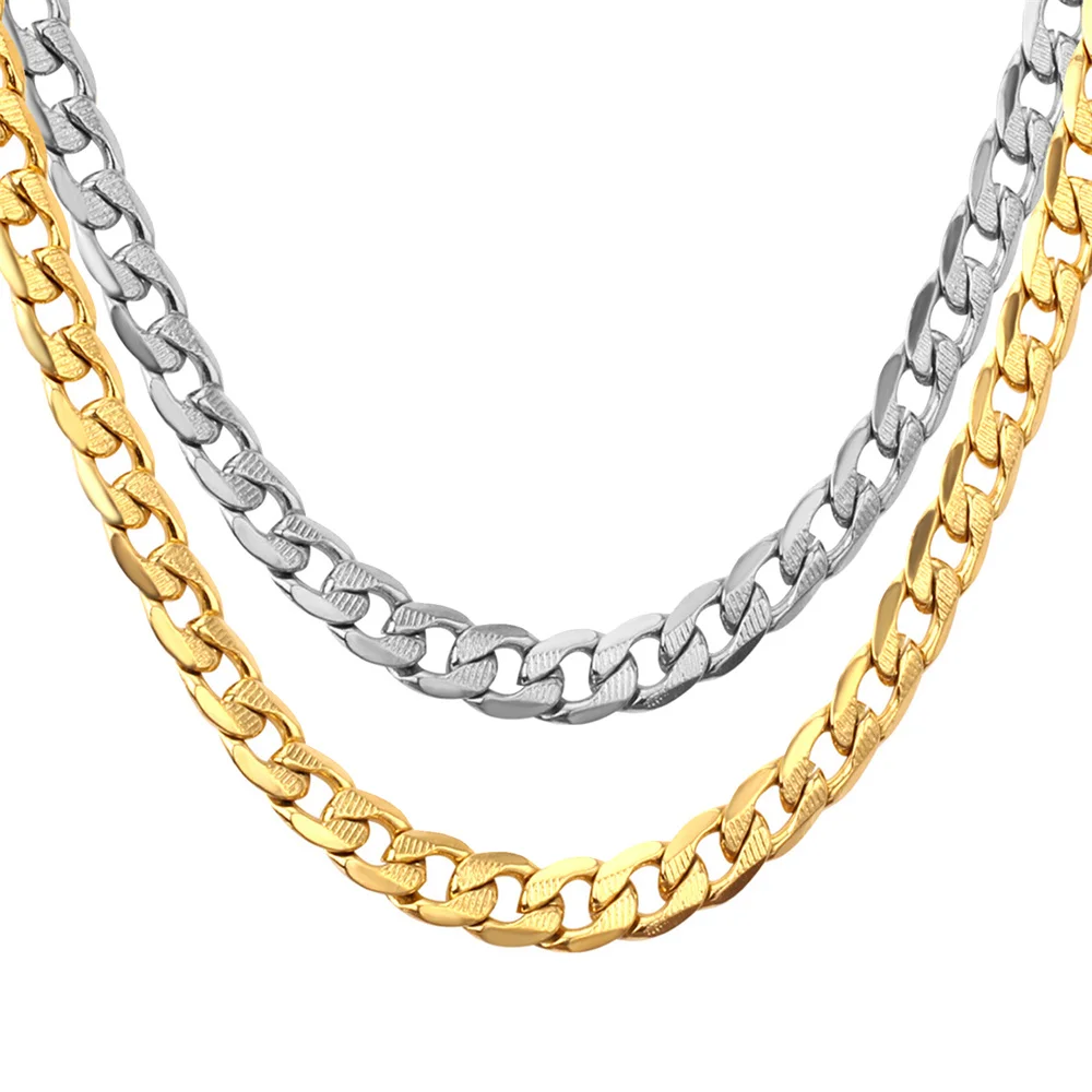 Vintage Curb Cuban Link Chain Necklaces Male Silver Gold Color Stainless Steel Long Heavy Chain For Men Hip Hop Jewelry Gift