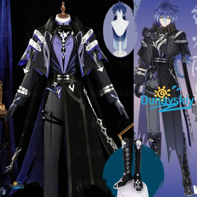 

Flins Cosplay Costume Full Set Genshin Impact Wig Black Suits Coat Uniform Props Kyryll Chudomirovich Halloween Carnival