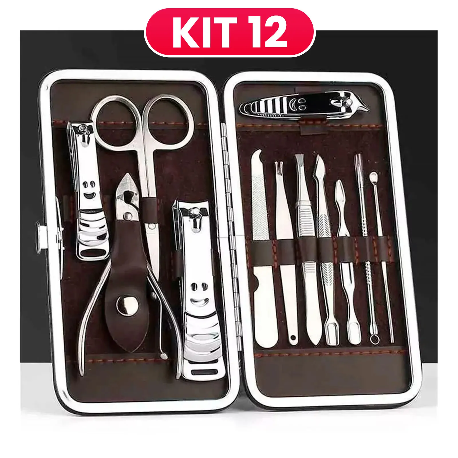 Kit de Manicure Completo Profissional com 12 Peças e Ferramentas para Unhas, Organizador Portátil para Viagem