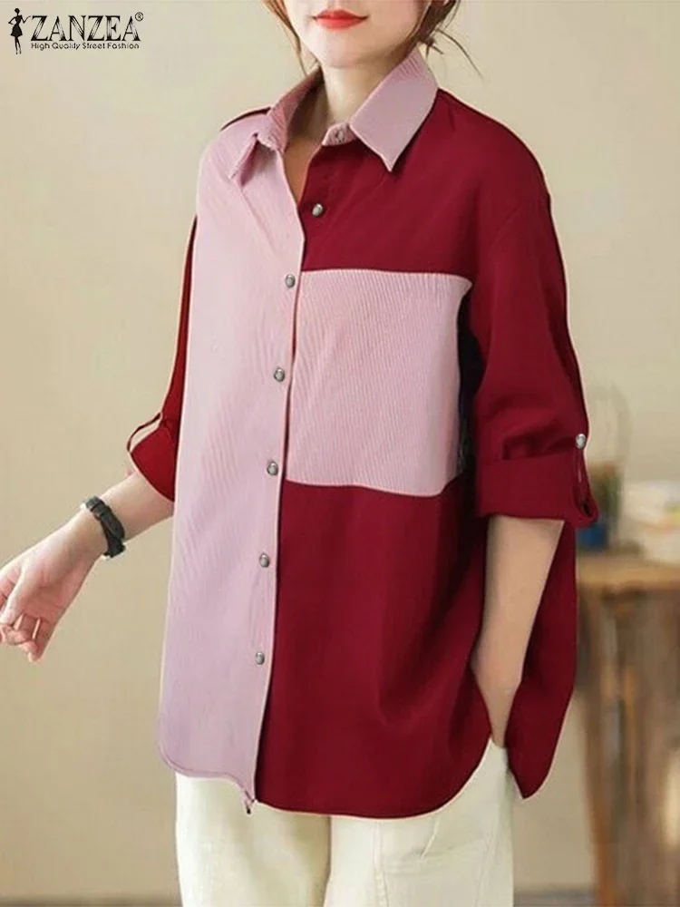 

ZANZEA 2025 Fashion Women Colorblock Tops Autumn Blouse Office Lady Oversized Shirts Casual Loose Pockets Lapel Collar Blusas