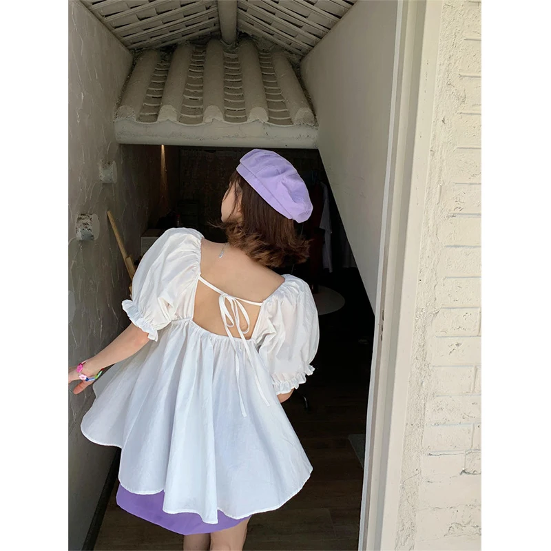 MEXZT Sweet Shirts Women Slash Neck Bandage Puff Sleeve Blouses Summer Korean Cute Off Shoulder Square Collar Loose Casual Tops