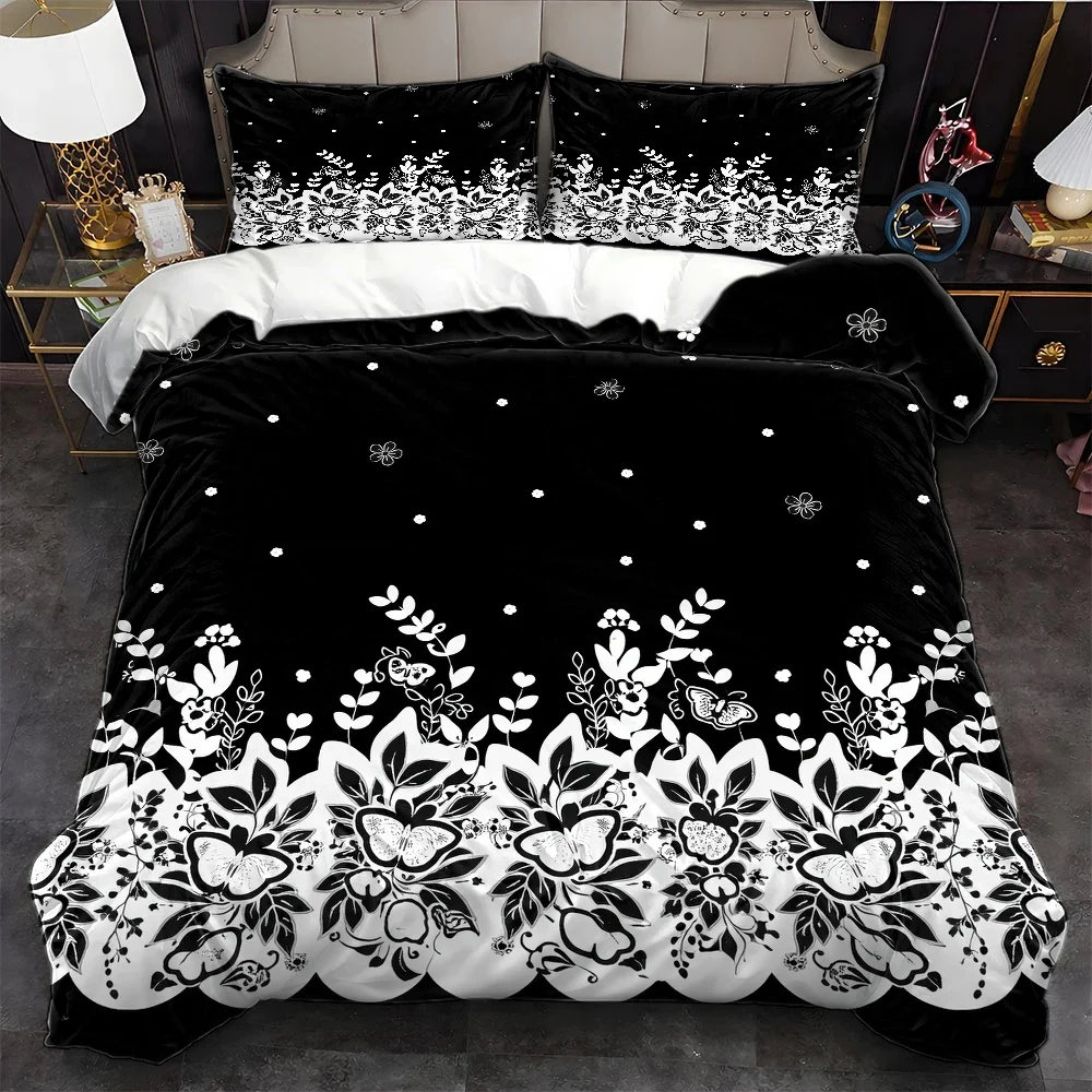 3Pc Black and White Butterfly Floral Lace Quilt Cover Set, Three-Piece Bedding Set (1*Quilt Cover + 2*Pillowcases), Suitable for All Seasons, Machine Washable, Invisible Zipper Design, Large Double Bed Cover Set, Suitable for Home, Dorm, Master Bedroom, Guest Room, Vintage Plant Print Bedding, Exquisite Lace Edge Bedding Set, Cross-Border Best-Selling Bedding Set, Comfortable and Skin-Friendly Bedroom Bedding Three-Piece Set, Artistic Bedding Enhances Space, Comfortable and Skin-Friendly Bedroom Bedding Set, Artistic Bedding Enhances Space