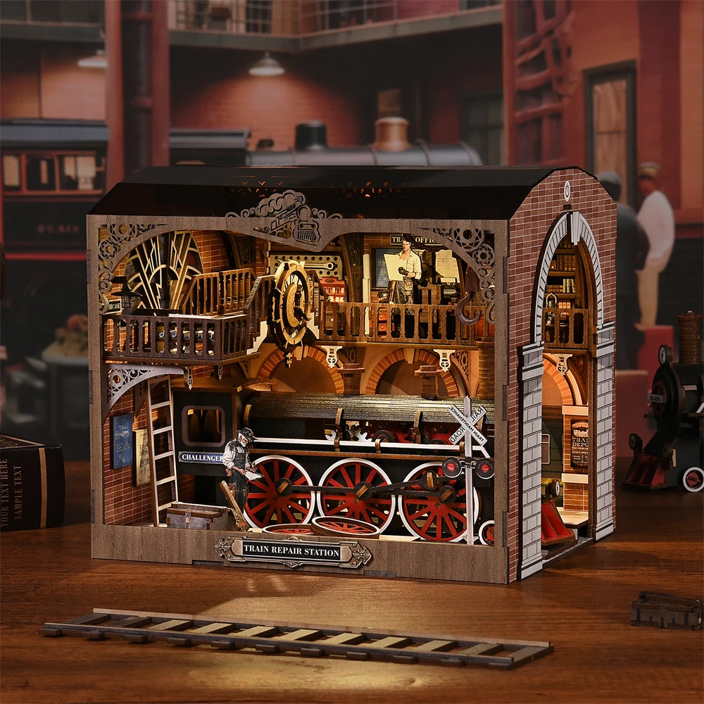 Kit de coin livre, Station de tram rétro 3D, Puzzle en bois, bibliothèque faite à la main, modèle de maison de poupée, serre-livres, décoration de la maison