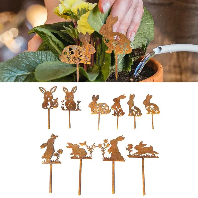 Iron Art Rabbit Garden Stakes Easter Rabbit Silhouette Set Outdoor Garden Backyard Decor Rabbit Figurine Flower Pot Grass Plugin