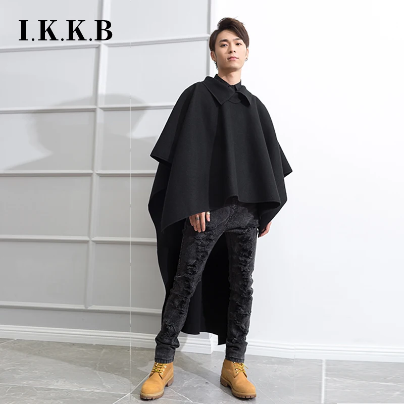 

Men New Trench Coat Front Short Back Long Over Long Paragraph Lapel Hooded Male Trend Woolen Loose Slim Shawl Cloak Overcoat