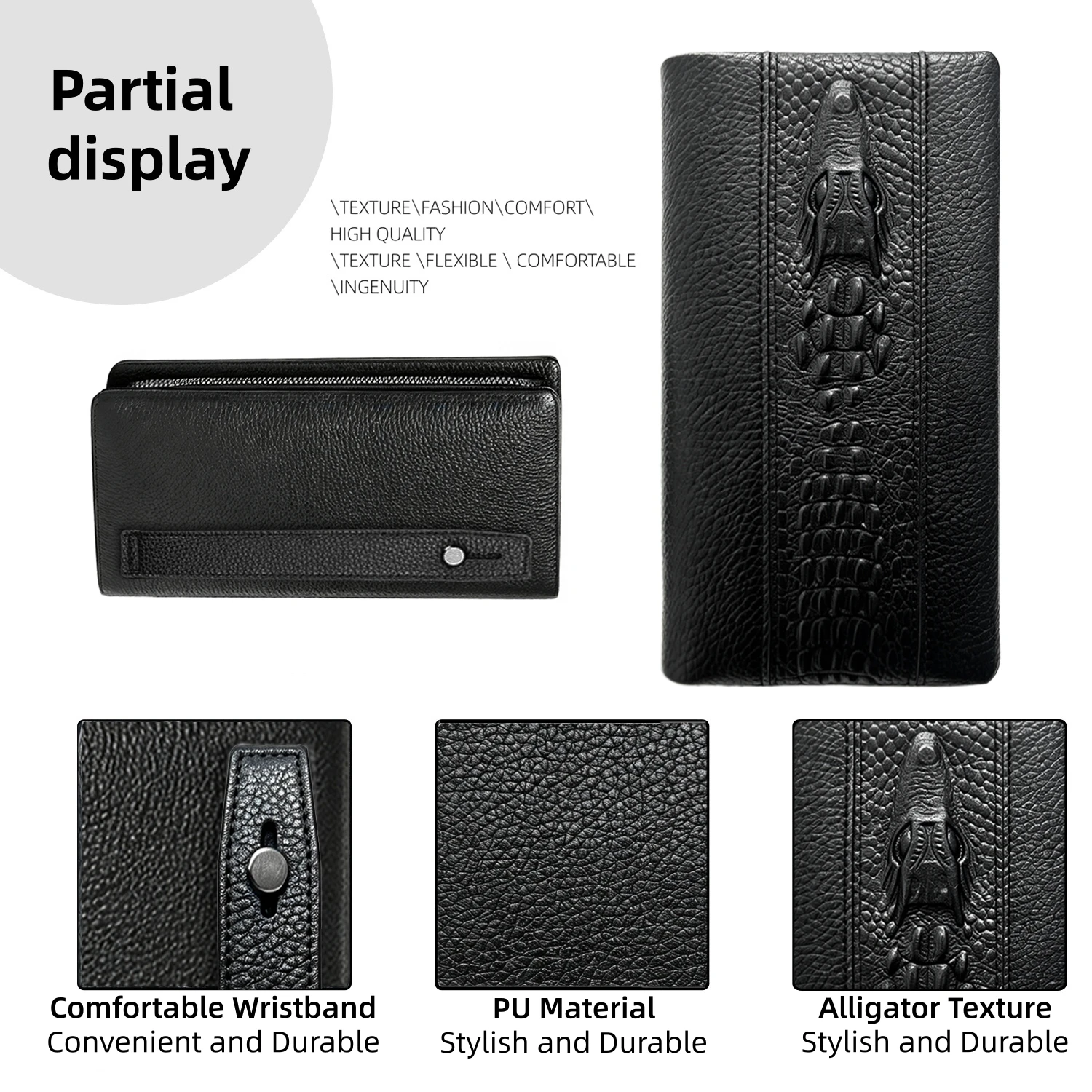 Men PU Leather Wrist Clutch Wallet, Crocodile Embossed Full‑Zipper Hand Purse with Wrist Strap, Multi Card Slots Business Pouch - view 5