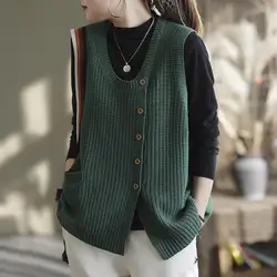 Koreanische Einfarbig Gestrickten Pullover Weste Weibliche Mode-Taste Gespleißt Alle-spiel Grundlegende Ärmellose Jumper frauen Kleidung Frühling