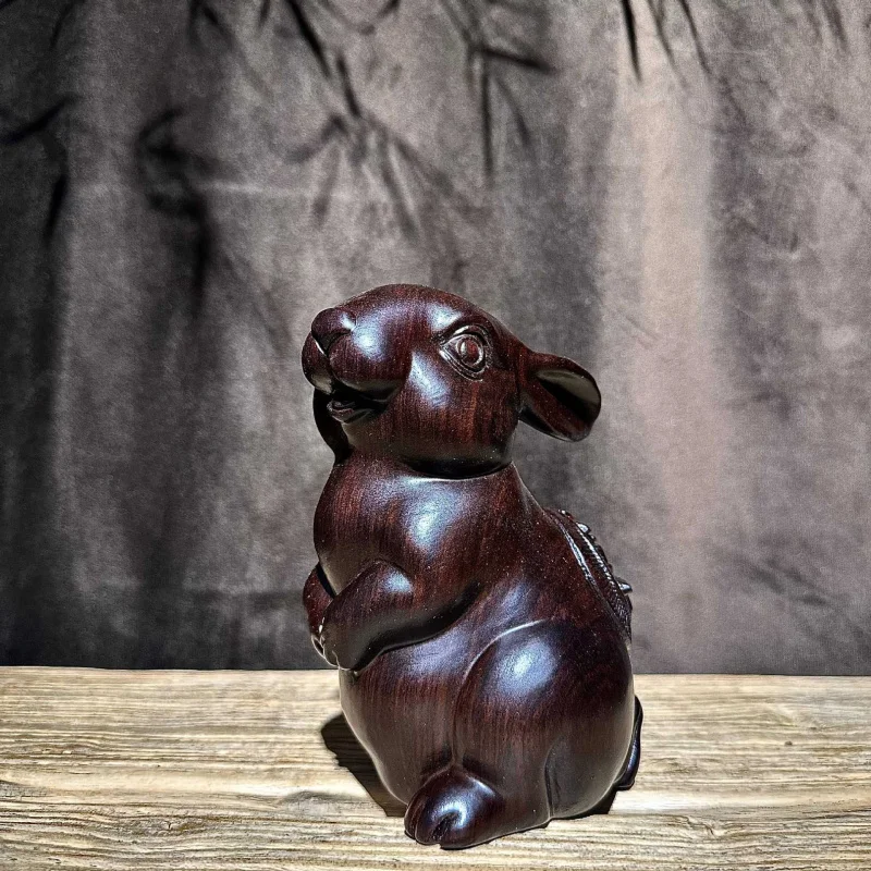 Rosewood Carved Peace and Joy Ornament Ebony Solid Wood Zodiac Rabbit Home Living Room Decoration Gift