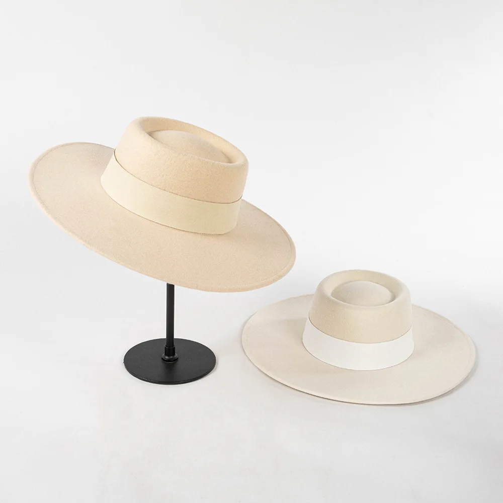 Autumn Winter New Fashion Casual Faux Leather Decorative Belt Round Ring Top Big Brim Wool Felt Hat Concave Shape Felt Hat