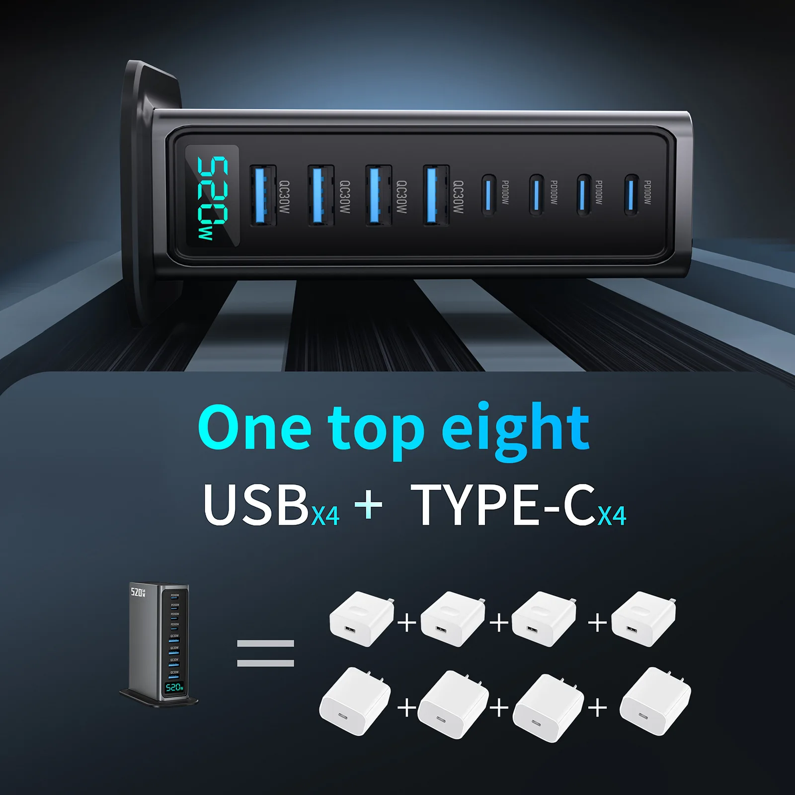 520W Fast Charge 3.0 USB Type C Fast Charger Mobile 8-port 5C3A PD Charger Convenient To Carry Tablet Charger AI Digital Display - Image 2