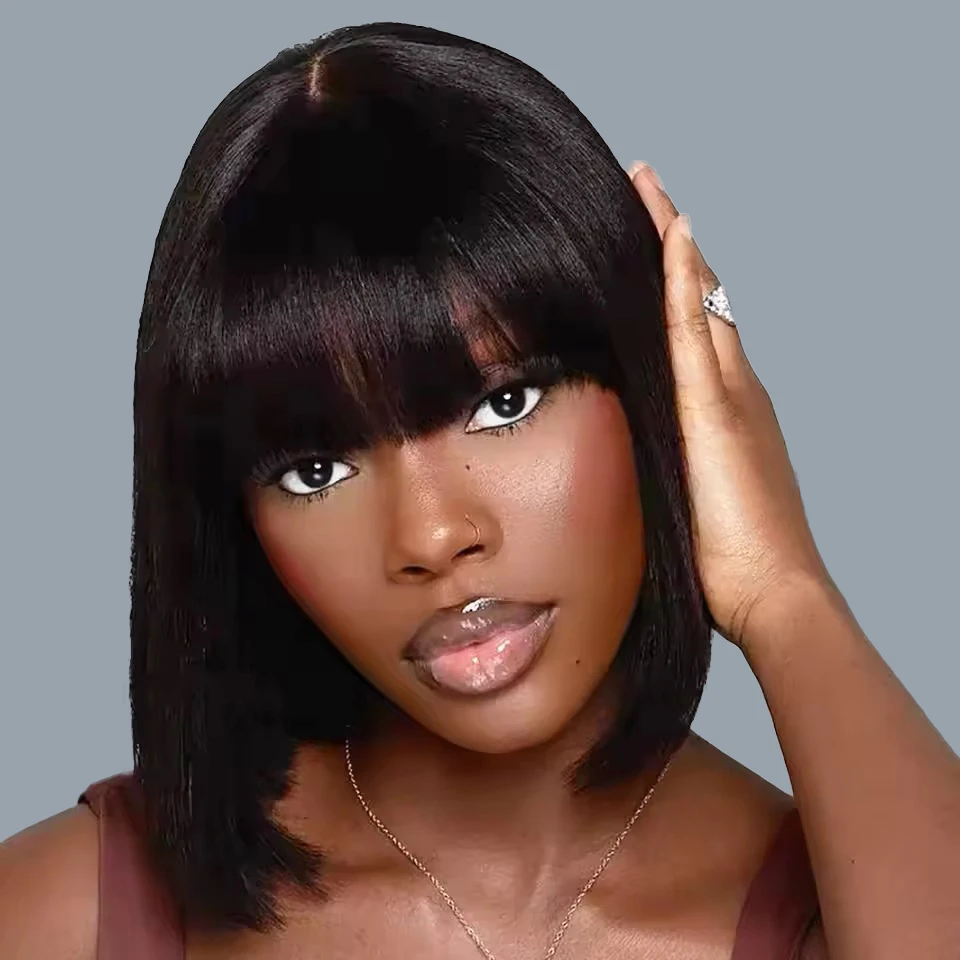 

4X2 HD Straight Bob Wig Human Hair with Bangs Transparent Lace Closure Wig for Women Black Ready to Go Short Human Hair Wigs