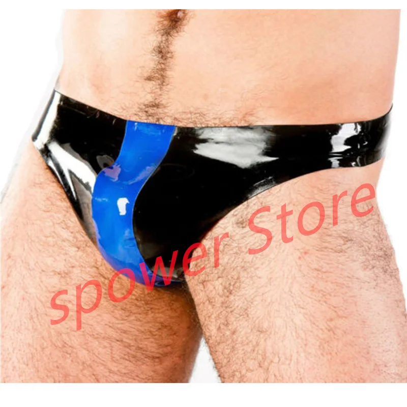 

Latex Briefs Sexy Fetish Rubber Shorts Thong with Blue Trim Lingerie Underwear Handmade Cosplay Costume for Men