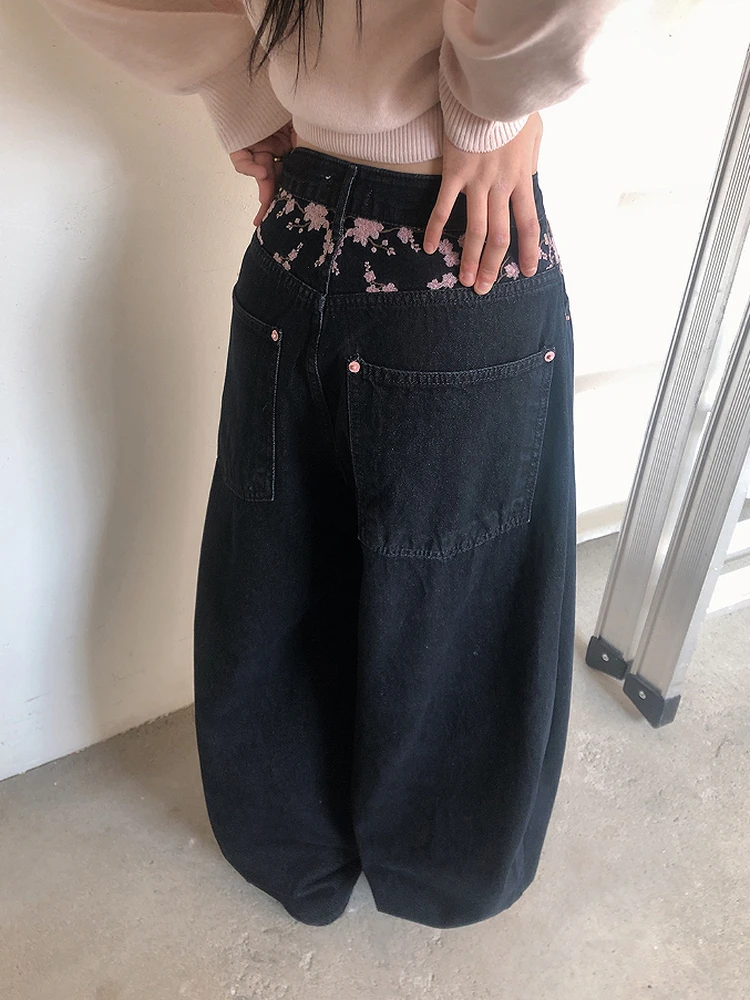 

Sakura Embroidered Loose High Waist Denim Jeans Women's Sweet Style Casual Long Pants Spring Fashion Ladies' Jeans