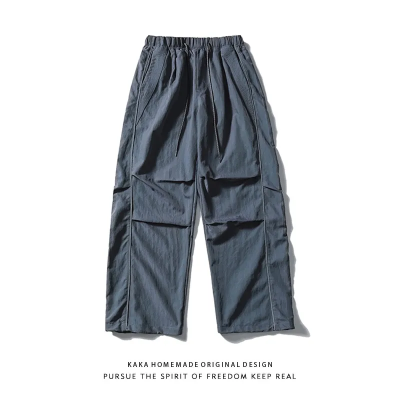 

Retro Japanese Reflective Strip Splicing Quick Dry Work Trousers Men Spring Outdoor Couple Loose Function Casual Hiking Pants