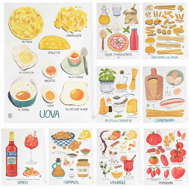 Egg Food Kitchen Hummus Pasta Alphabet Tomato Pizza Poster Print Wall Art Pictures Canvas Painting Room Bedroom Home Decor Gift