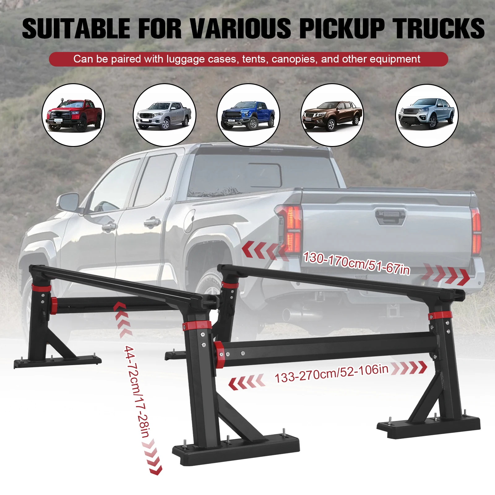 

Heavy Duty Fruck Bed Rack 800 LBS Capacity Aluminum 18-28in Height-Adjustable Ladder Rack Cross Bar for Ford F-Series/Ram/Tacoma