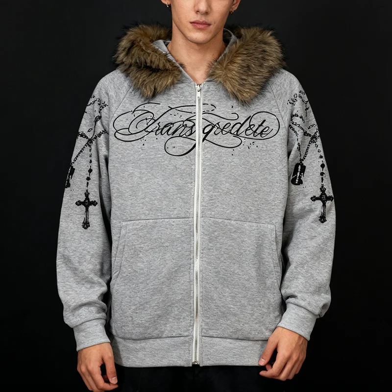 

High Street Casual Hoodie Loose Print Zipper Men's Women's Autumn Winter Jacket Streetwear Fashion