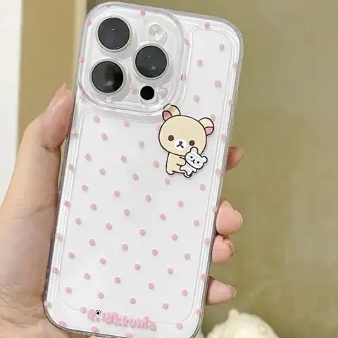 Custodia per telefono Cartoon Cute Easy Bear Pink Polka Dots per iPhone 16 E 15 14 13 12 11 Pro XS XR X Max 7 8 Plus Y2K Kawaii Girl Cover