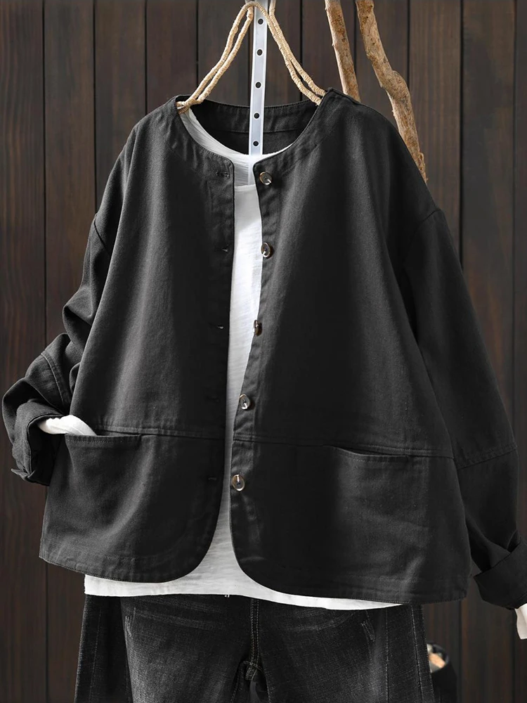 Abrigos informales de manga larga para mujer, chaquetas básicas de algodón con cuello redondo de estilo Simple, Color sólido, novedad de 2025, M2176